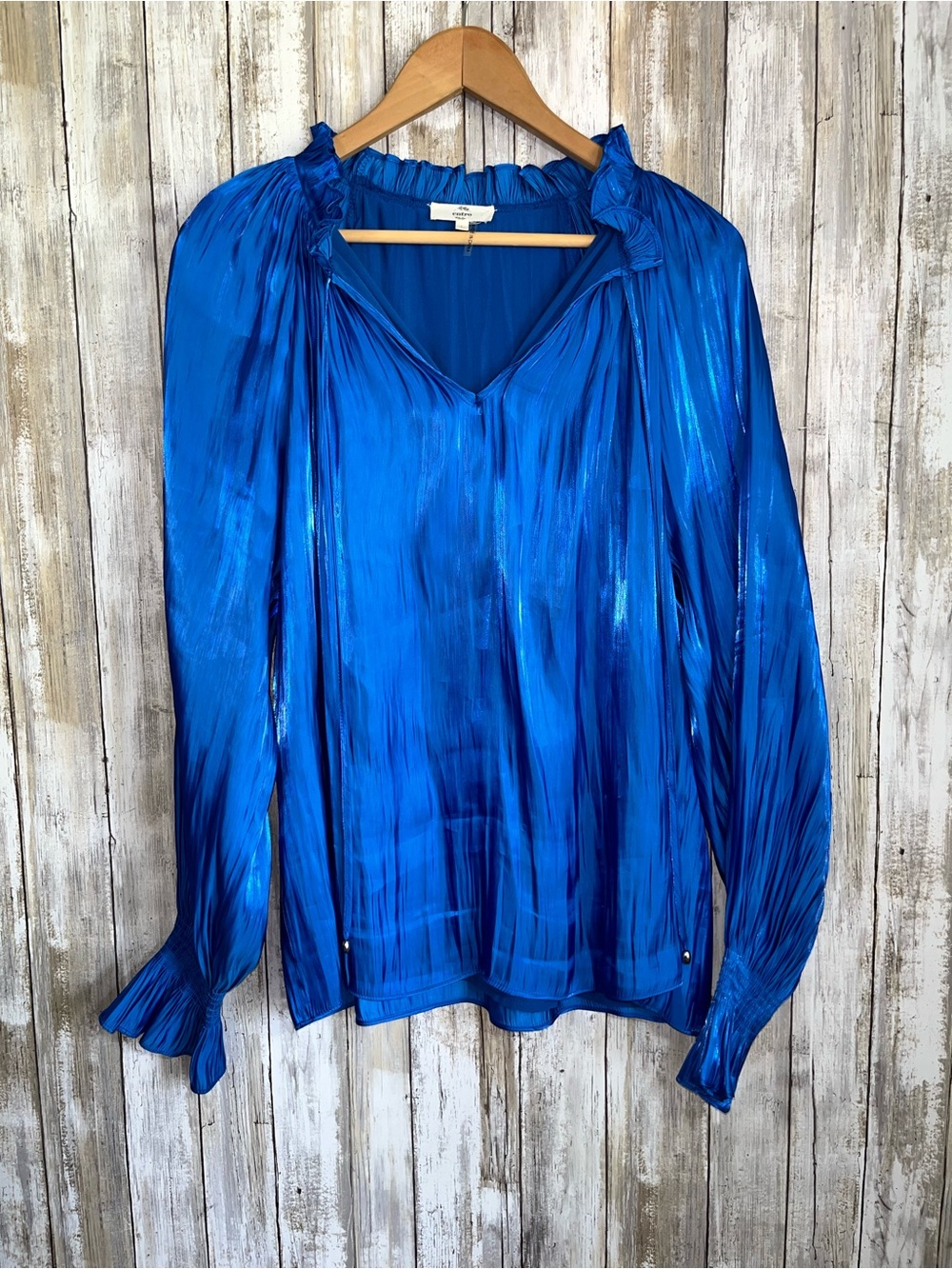 Entro Metallic Blue Blouse Size Large Shimmer Long Sleeve Boho Top